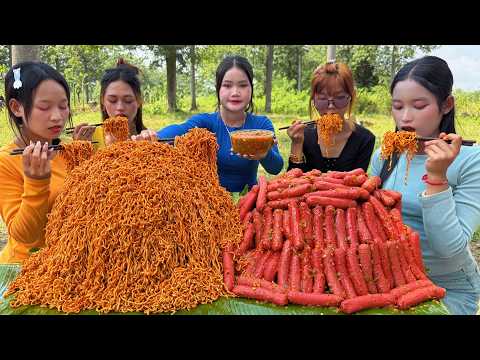 Amazing cooking homemade hot dog with fiery dry noodle recipe | Amazing video