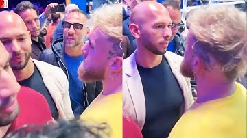 MUST SEE! JAKE PAUL & ANDREW TATE CONFRONT EACH OTHER RINGSIDE AT MAYWEATHER VS DEJI