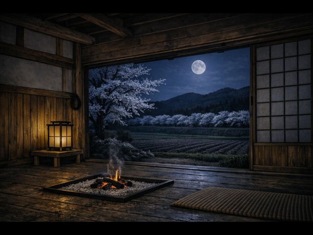 囲炉裏　桜の木 Moonlit Sakura & Irori Hearth | 桜並木の月夜と囲炉裏 - YouTube