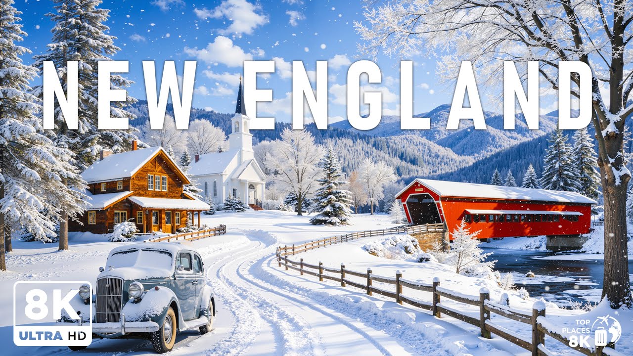 Зимние пейзажи Новой Англии в формате 8K UHD 🇺🇸 Заснеженные деревни, исторические города