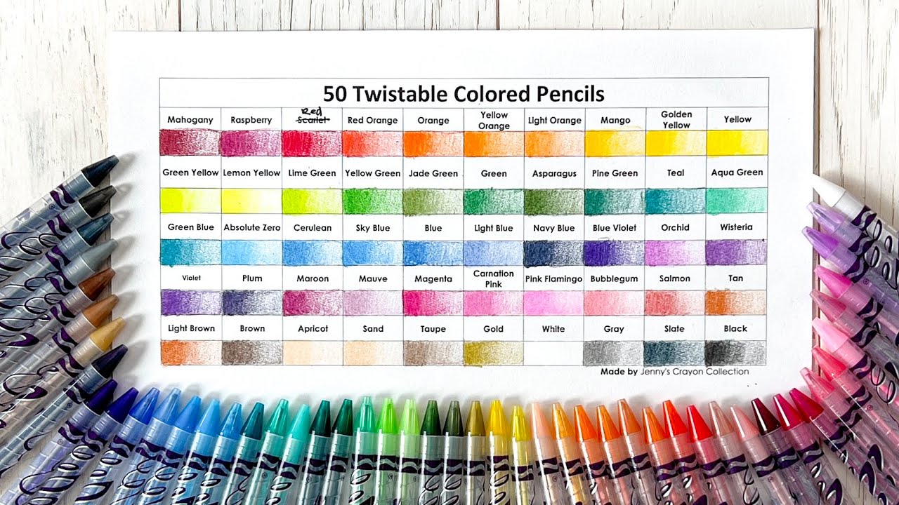 50 Crayola Twistable Crayons Label, Names and Swatches! 