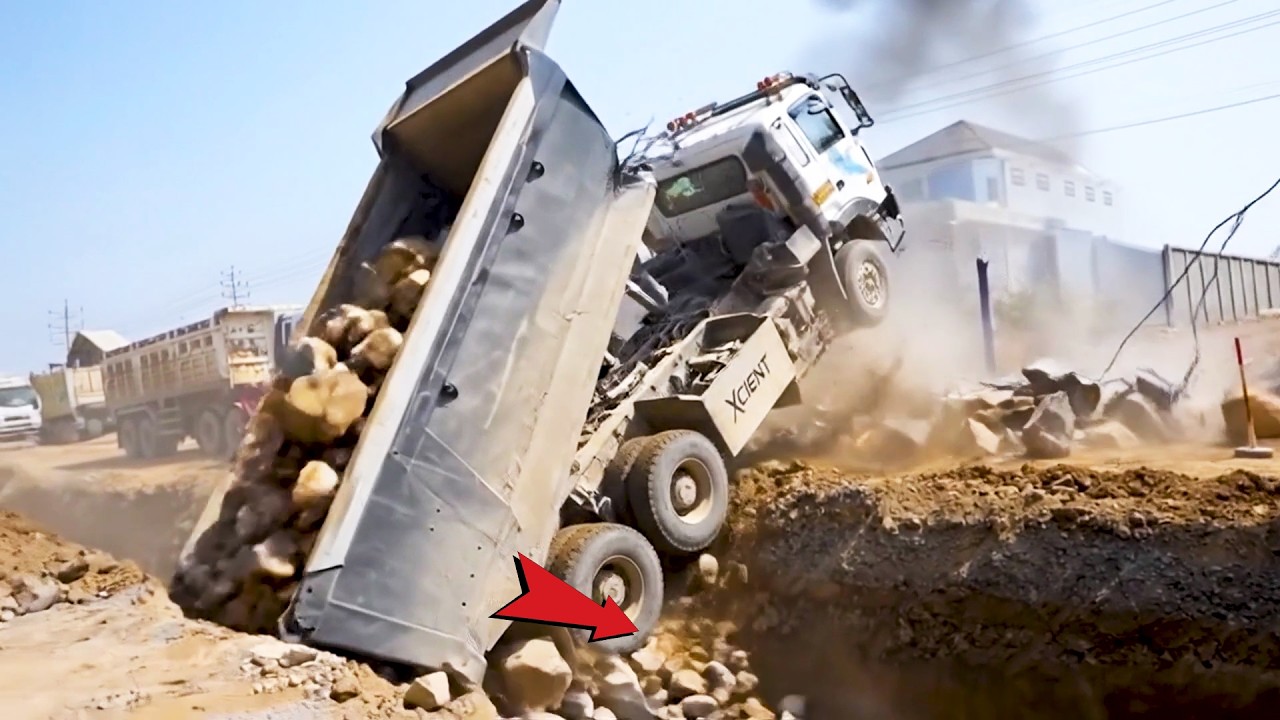 OMG! Truck Dumping Gone Wrong! Amazingly Truck Massive Unloading Big Stone  Side Road Construction
