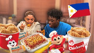 WE TRIED FILIPINO FOOD FOR THE FIRST TIME JOLLIBEE MUKBANG??