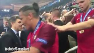Cristiano Ronaldo, Nani and Sir Alex Ferguson embrace after in Euro 2016 final