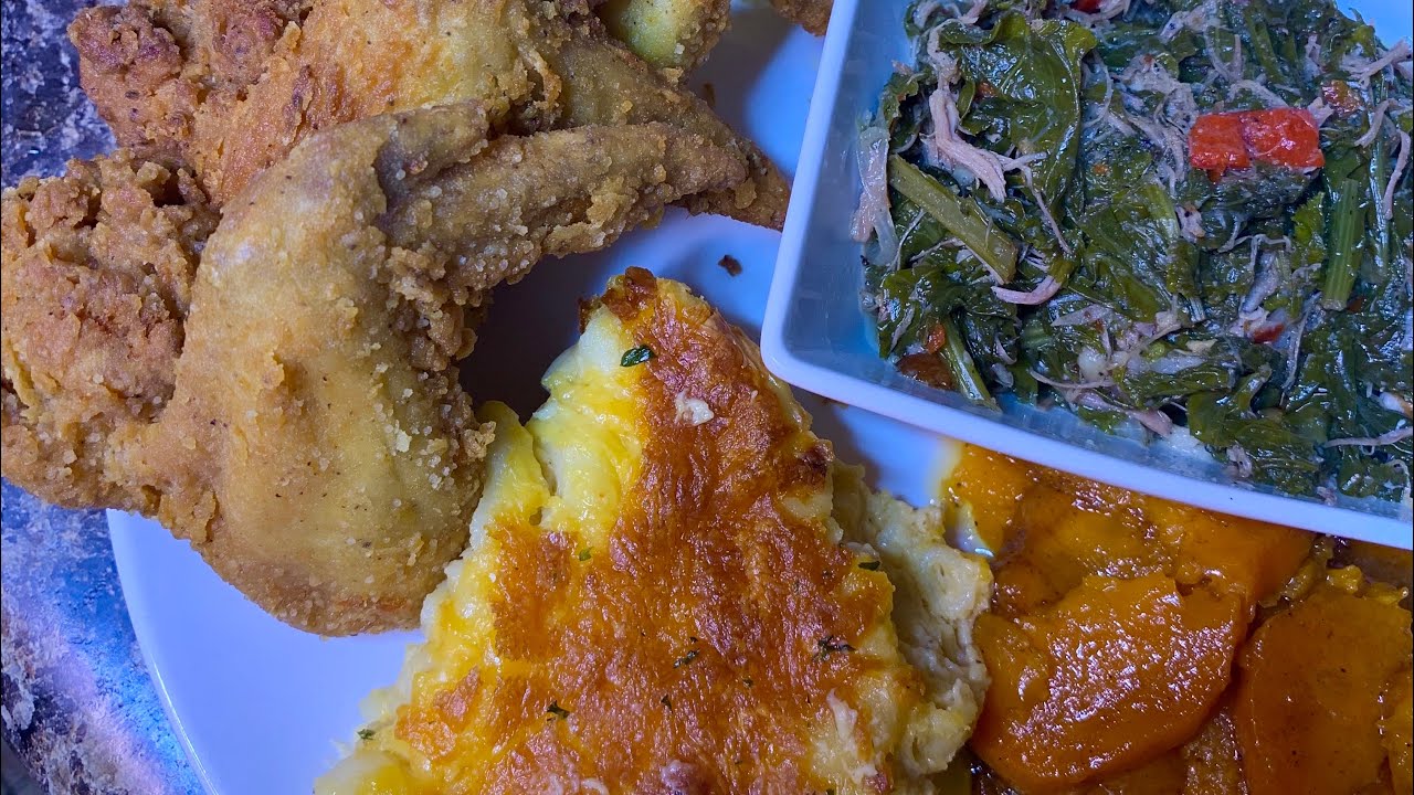 SOUTHERN SUNDAY DINNER Mustard Fried Chicken, Yams, Greens, and Baked