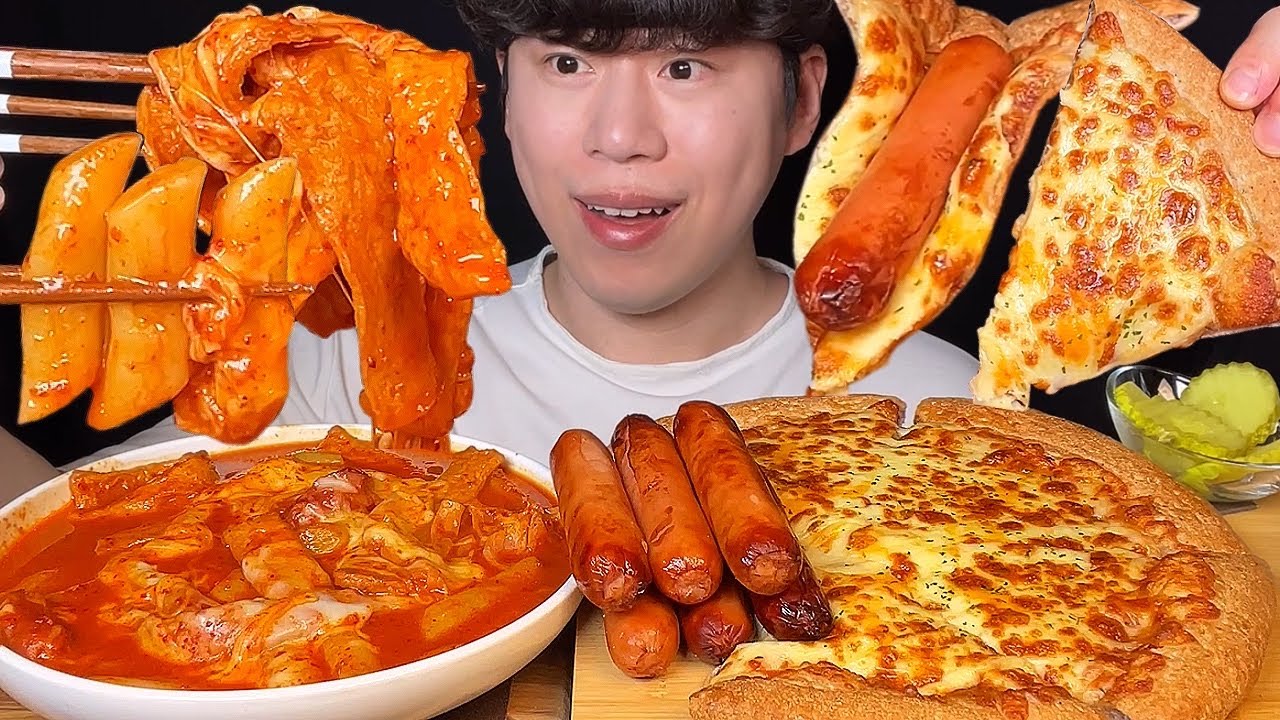 СУБТИТРЫ) Острые токпокки и сырная пицца с колбасой мукбанг асмр
