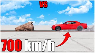 Beamng Drive | Can a Dodge Challenger With Dummy Survive VS Giant Rock at 700 km/h?