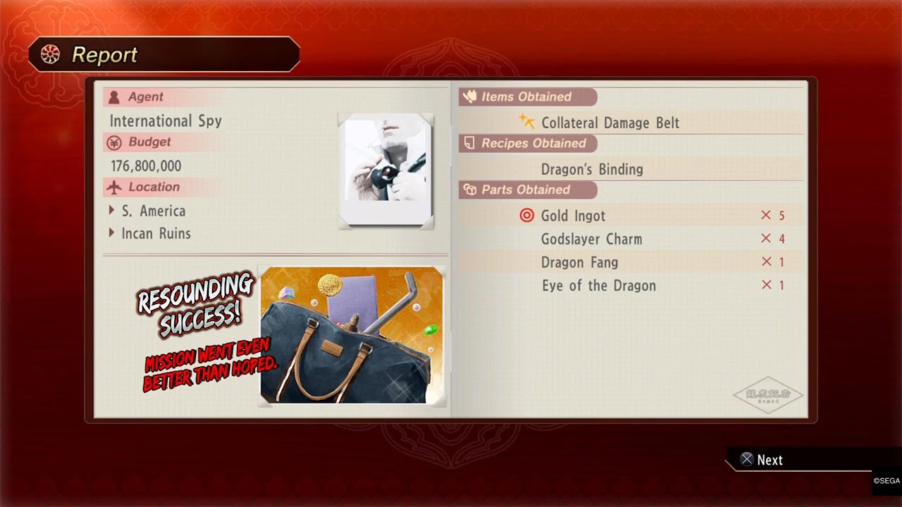 YAKUZA 0 D&T International Spy S. America Incan Ruins Collateral Damage Belt & Dragon Binding Recipe