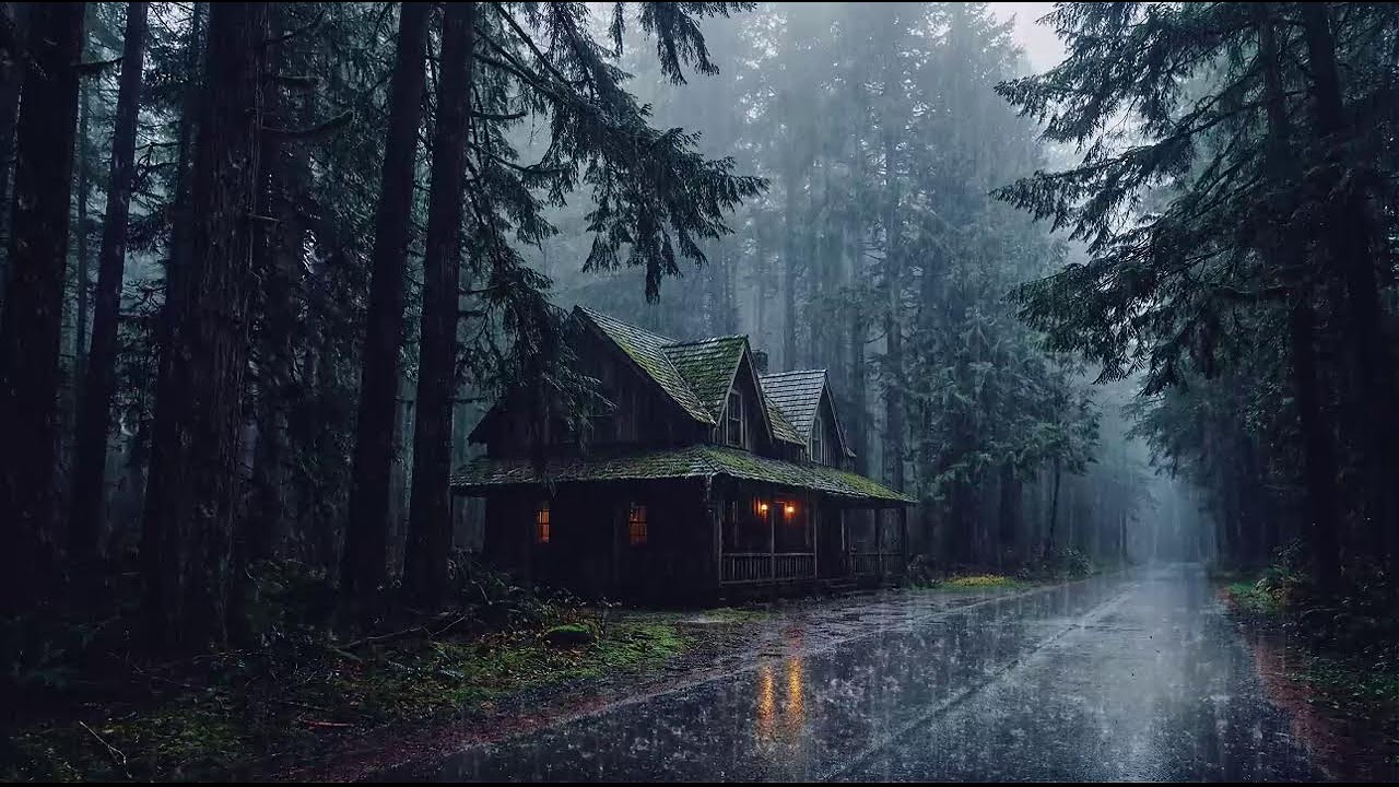 Peaceful Cabin in Woods During Rainstorm with Thunder