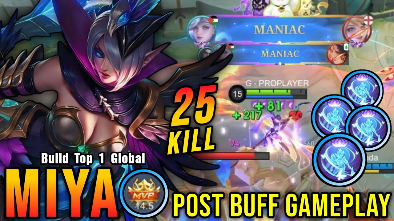 25 Kills + 2x MANIAC!! Miya Post Buff Gameplay - Build Top 1 Global Miya ~ MLBB