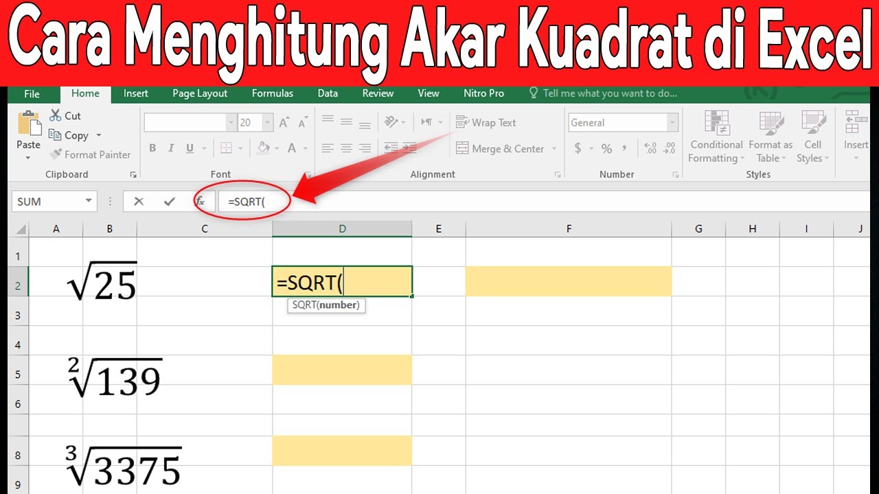 cara menghitung akar kuadrat di excel