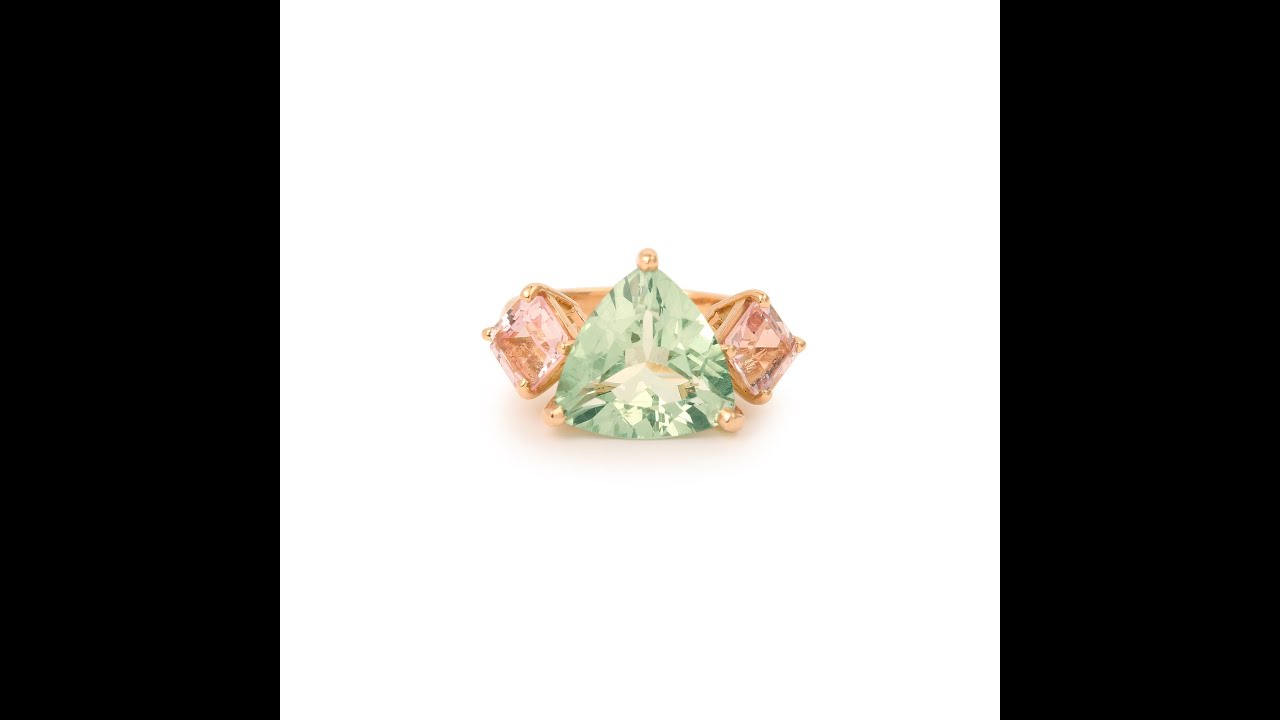 5 Carats Trillion Green Beryl Morganites 18 Carats Rose Gold Trilogy Cocktail Ring