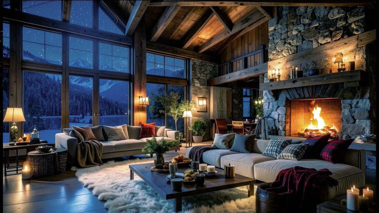 Ultimate Cozy Winter Cabin Ambience | Crackling Fireplace, Snowy Views, and Smooth Piano Jazz Calm