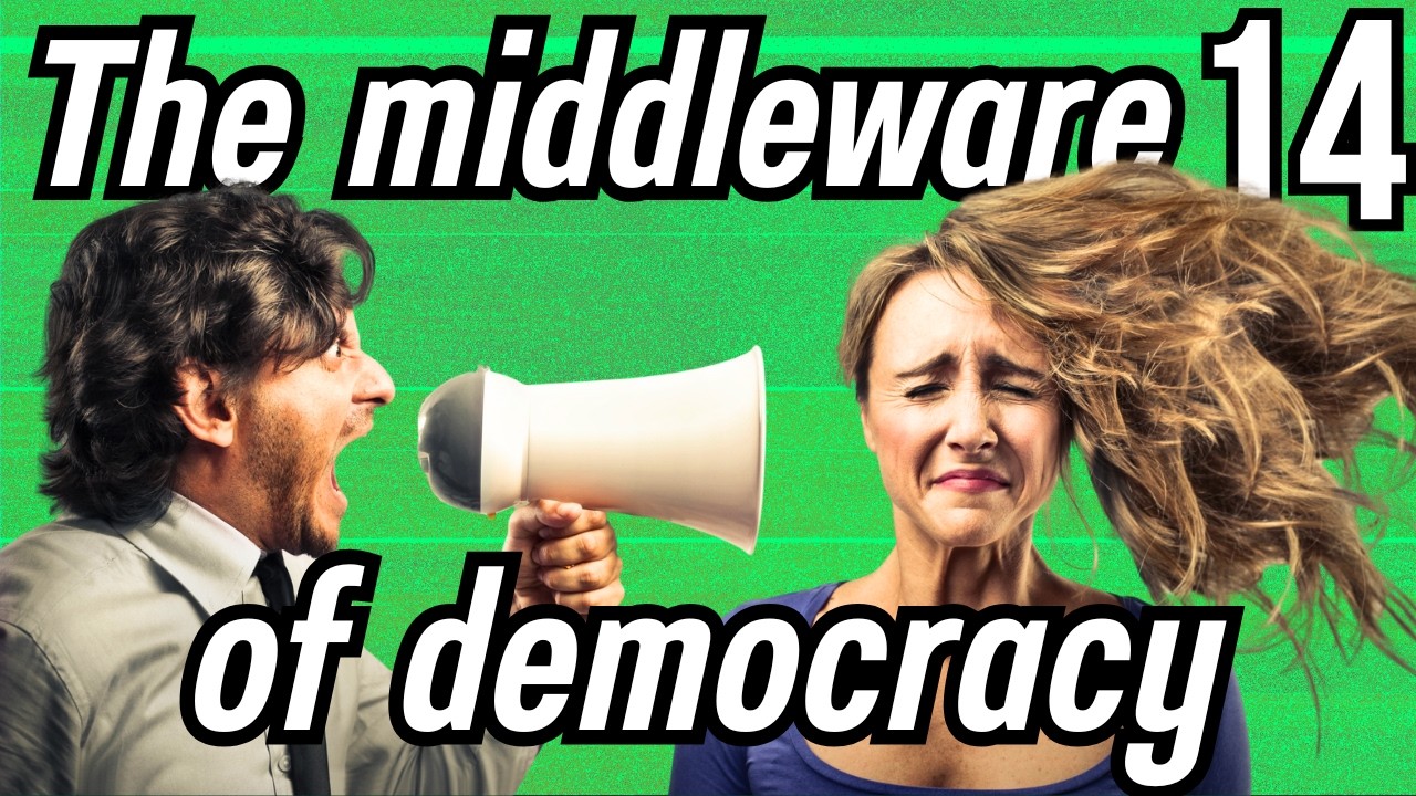 The middleware of democracy. Green static background with a man shouting loudly into a megaphone at a woman who grimaces and her hair flies because of the force of it. 
