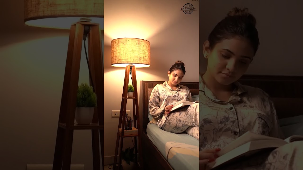 Crosscut Furniture Wooden Floor Lamp with Shelf in Dark Finish