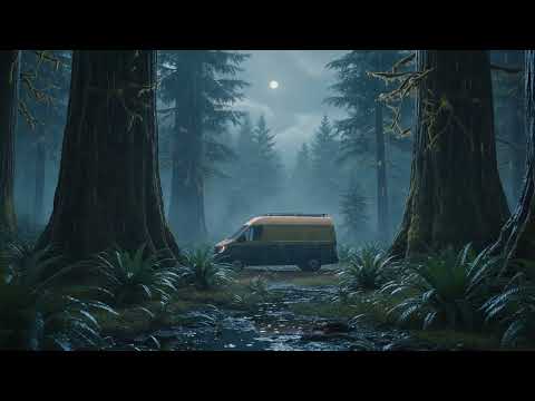Pacific Northwest forest rain with camper van
