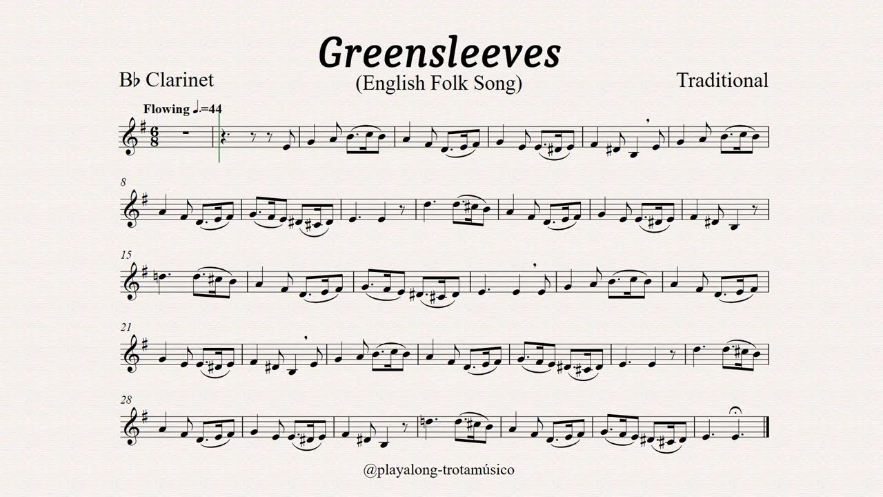 Greensleeves - Clarinet Playalong Bb sheet music & Guitar accompaniment backing track