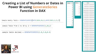 creating a list of numbers or dates in power bi using generateseries function in dax