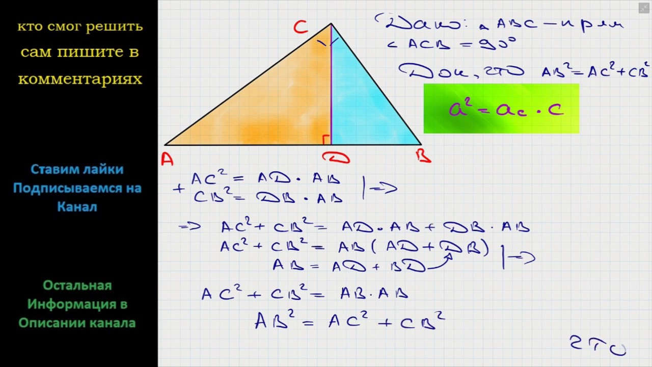 Геометрия В прямоугольном треугольнике квадрат гипотенузы равен сумму ...