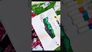 ✨ Black & Emerald Glitter Dress Fashion Illustration | Acrylic Marker Art #creativeart #art
