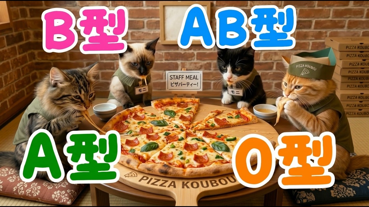 【血液型あるある】4匹の猫がピザショップの店員になったら、血液型別にどんな活躍をしてくれるのか見てみましょう！【四季ねこ】【Cici chillstu】
