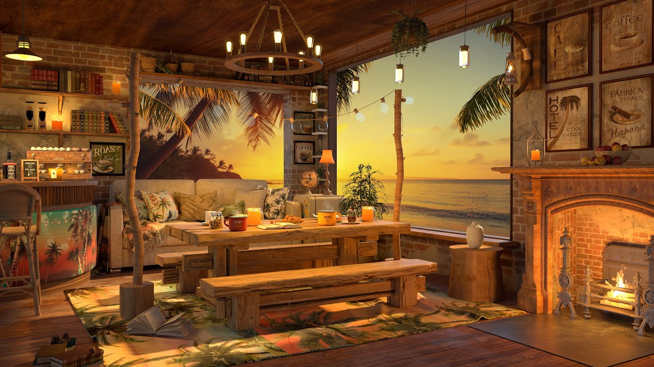 4K Beach Sunset Coffee Shop Ambience ☕ Smooth Piano Jazz Music for ...