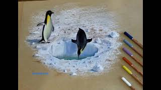 Amazing Penguins drawn by me #penguin #animals# drawing #3d #3ddrawing #pencil #iceage