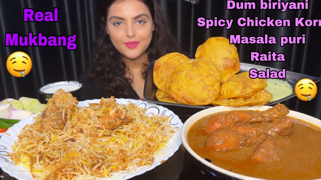 Spicy Hyderabadi Dum Biryani, Chicken Korma, Masala Puri, Raita | ASMR *Mukbang Eating Show*