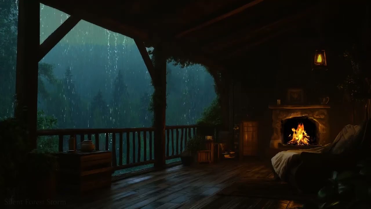Cozy Wooden Balcony in Forest Rain 🌧️ Soft Thunder & Fire | Dark Ambience for Relaxation & Sleep