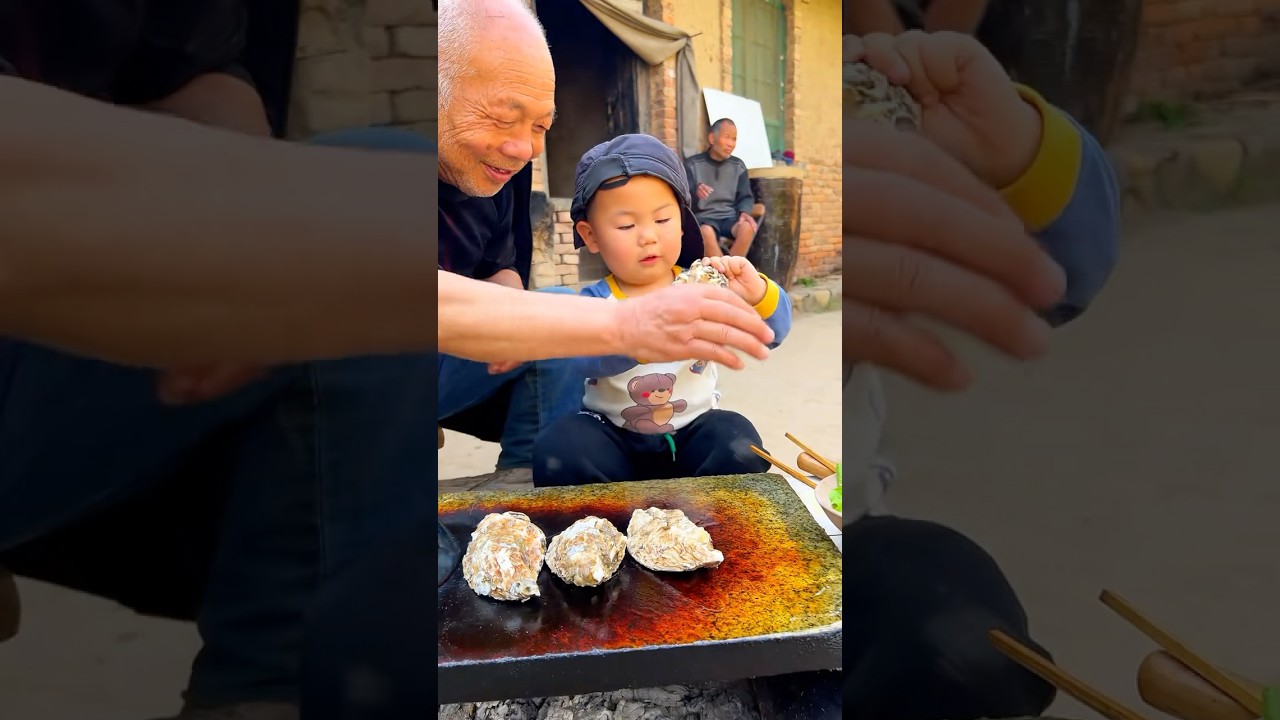 Grandson and grandpa very interested food vlog