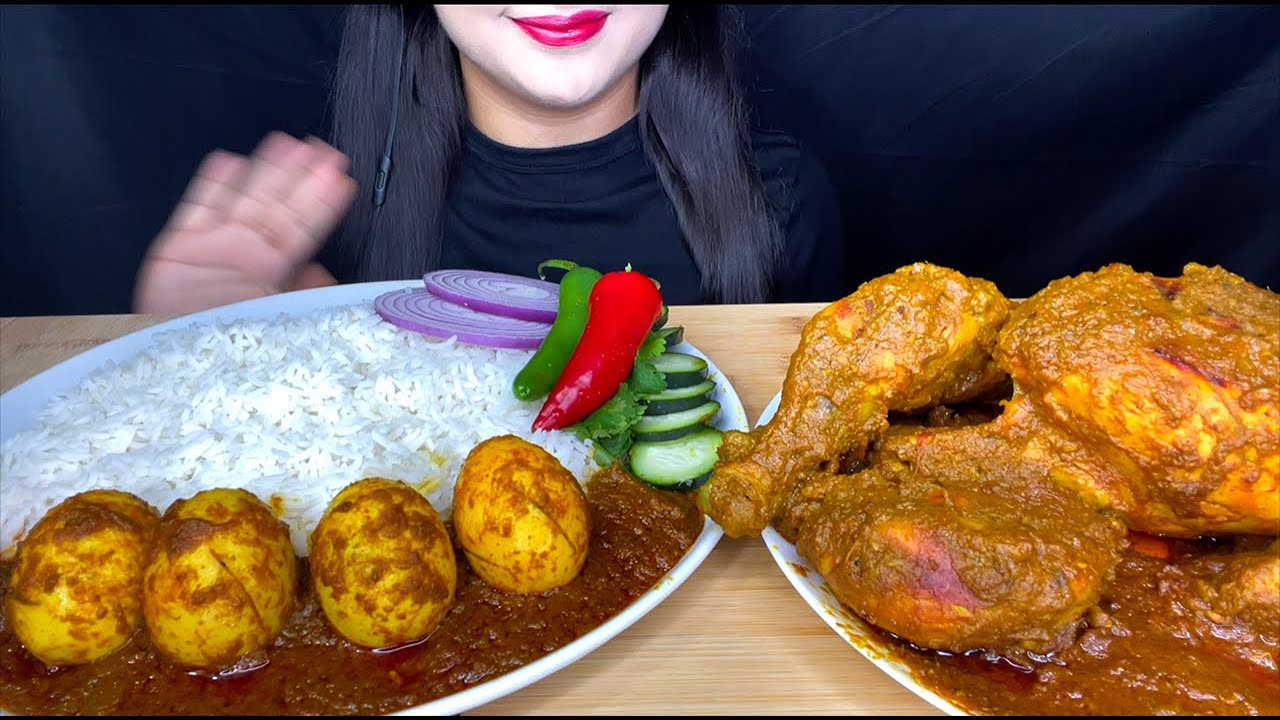 SPICY WHOLE CHICKEN CURRY AND EGG CURRY WITH RICE*ASMR MUKBANG EATING SHOW*