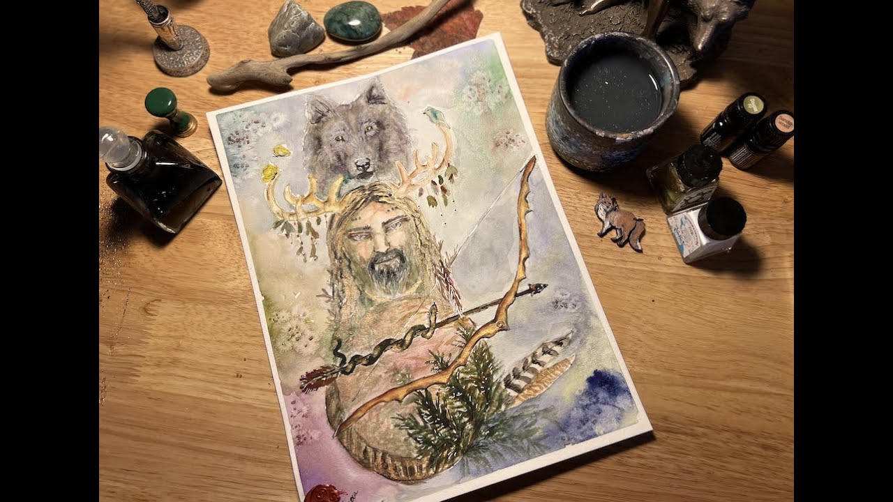 Cernunnos Watercolor Shaman Ritual and Nature Land Healing Wolf & Thyme