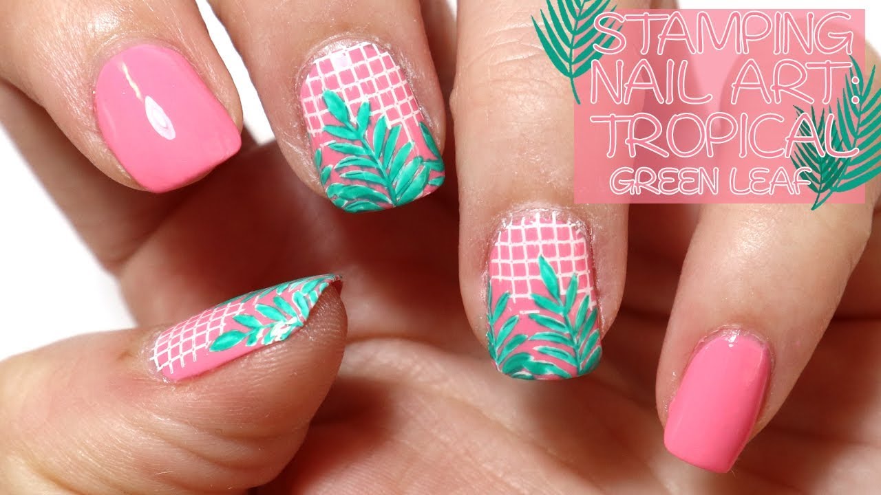 9. Tropical leaf nail design with gems - wide 1