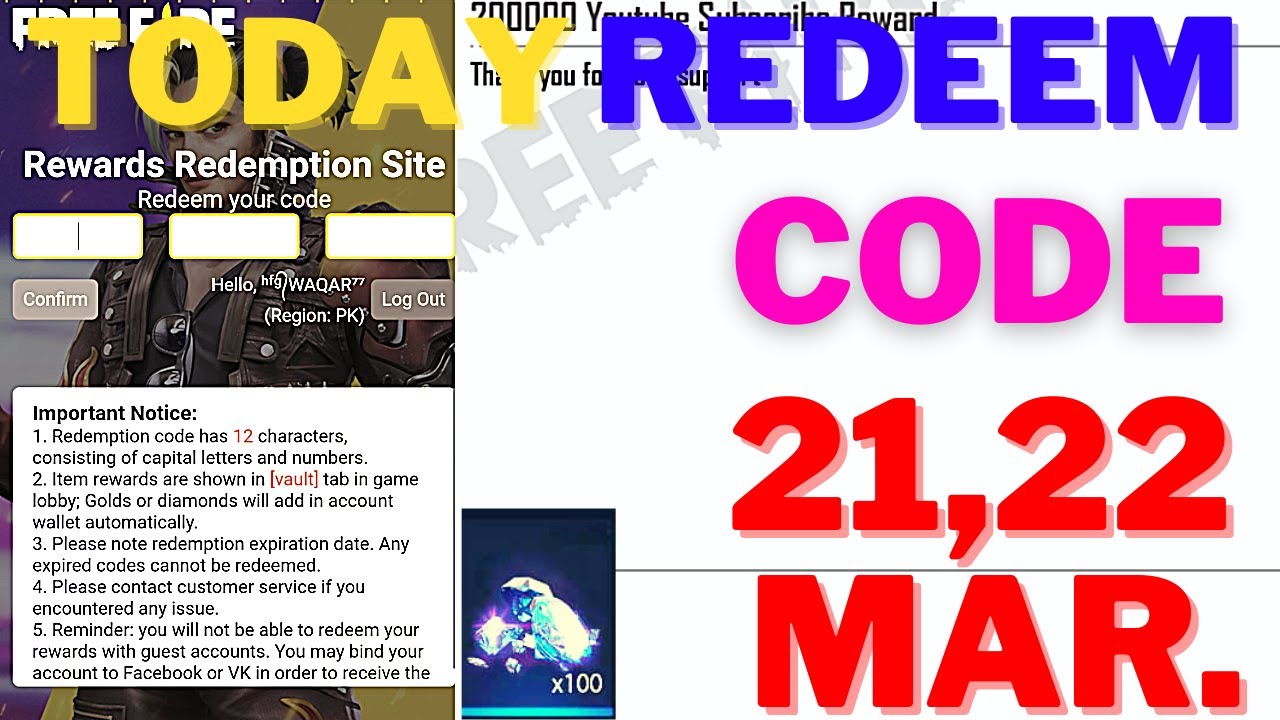 Today Redeem Code Free Diamonds || 21,22 March 2022 || Garena Free Fire || Rewards Redemption Site