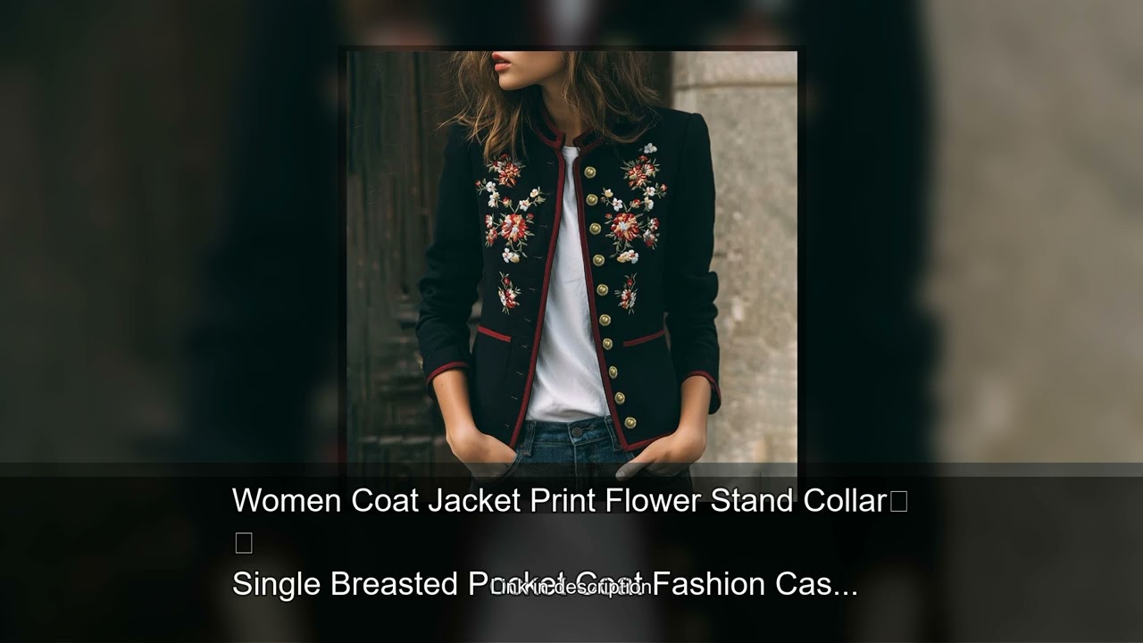 Women Coat Jacket Print Flower Stand Collar Single Breasted Pocket Coat Fashion Casual Autumn E