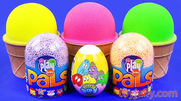 Surprise Toys Kinder Joy Surprise Eggs in 3 Ice Cream Cups of Color Kinetic Sand and Play Foam Toys