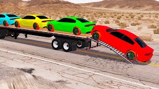 Flatbed Trailer Toyota LC Cars Transportation with Truck - Pothole vs Car #012 - BeamNG.Drive