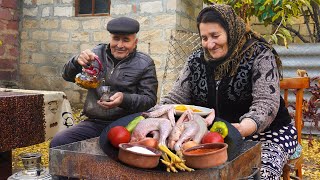 AZERBAIJAN: Fried Chicken with Vegetables and Sour Cream on Sadj, Delicious Lunch in the Village