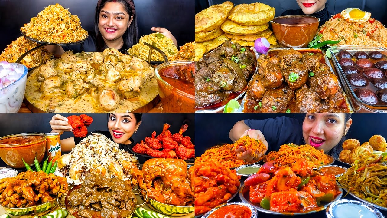 EATING SPICY SCHEZWAN FRIED RICE CREAMY CHICKEN MUTTON PULAO CHILI PANEER EATING SHOW EATING VIDEOS 