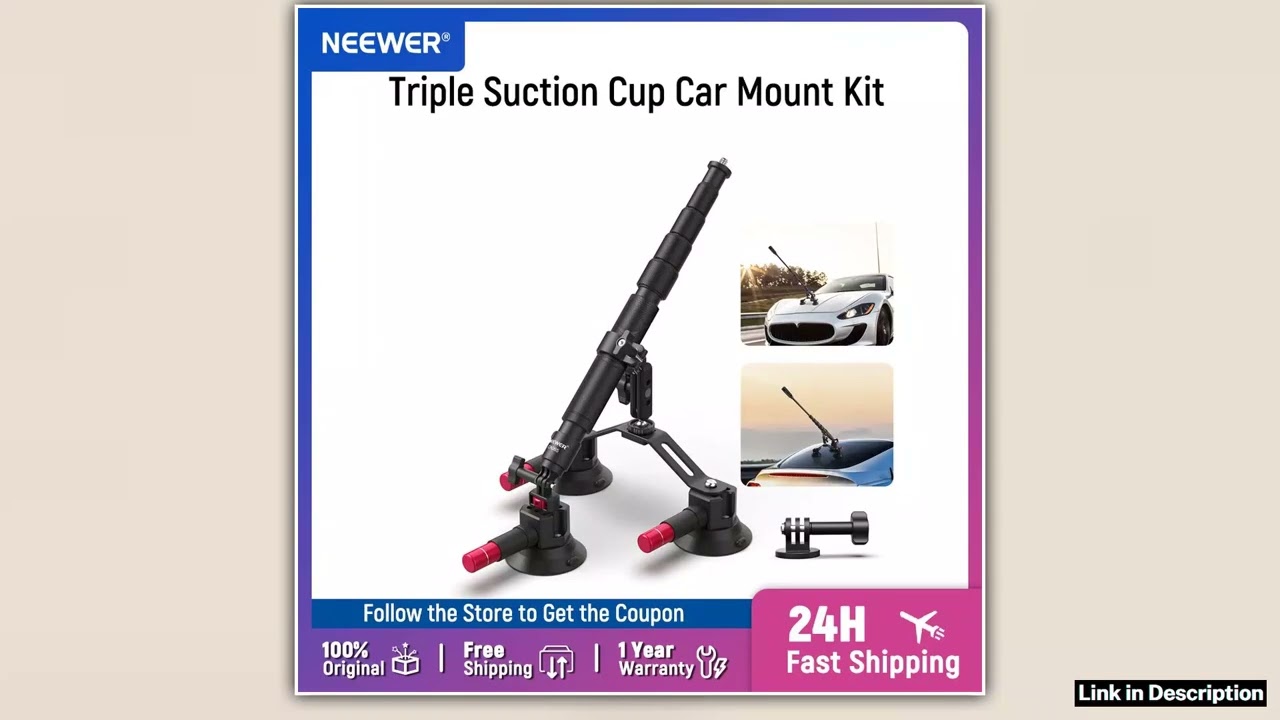 NEEWER Triple Suction Cup Car Mount Kit with Action Camera Adapter2in1 Extension Pole Selfie Stick