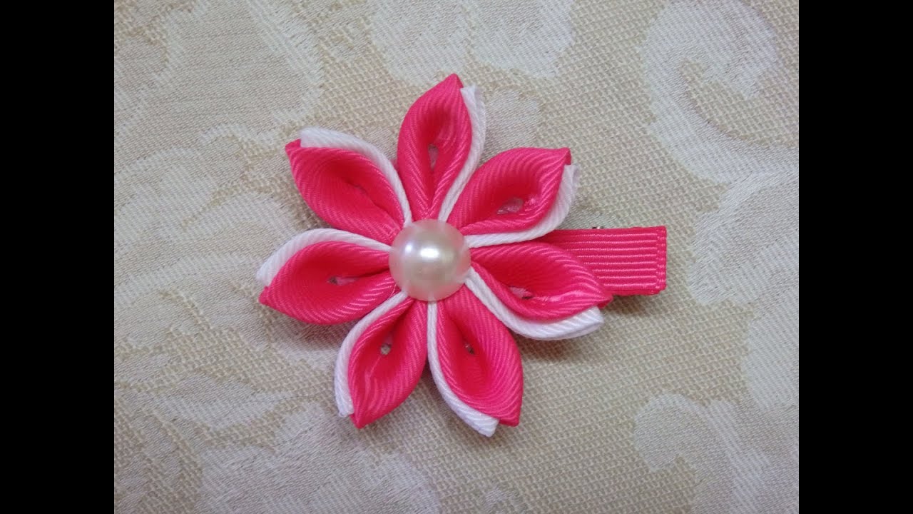 Diy kanzashi flower, kanzashi hair clip tutorial, ribbon flowers