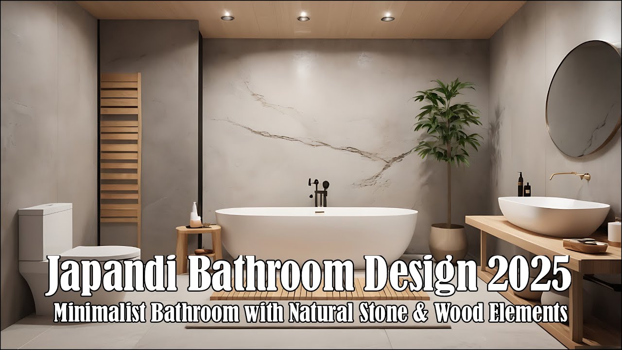 Japandi Bathroom Design 2025, Minimalist Bathroom with Natural Stone & Wood Elements