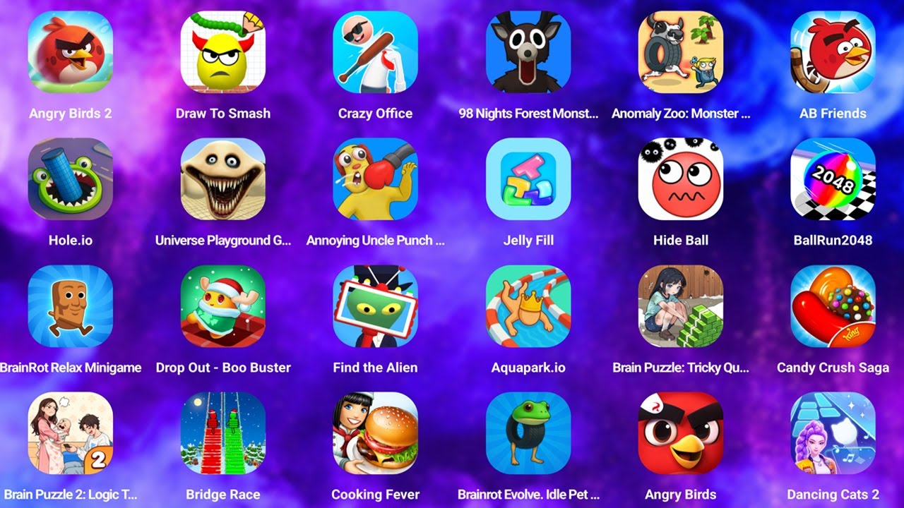 Roblox,Find the Alien,Angry Birds,Subway Surfers,Ball Run 2048,Candy Crush Saga,Hole.io,Hide Ball