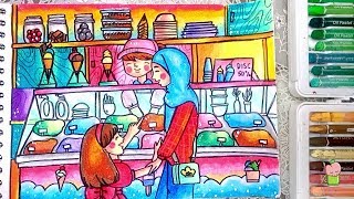 Pemandangan Toko Es krim - Cara Menggambar dan Mewarnai dengan Gradasi Warna Oil Pastel Untuk Pemula