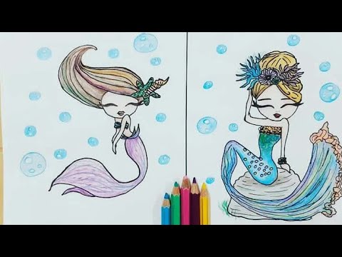 رسم حوريات بحر😍 بقلم الرصاص و الالوان الخشبيةDrawing mermaids with  pencil and wooden colors