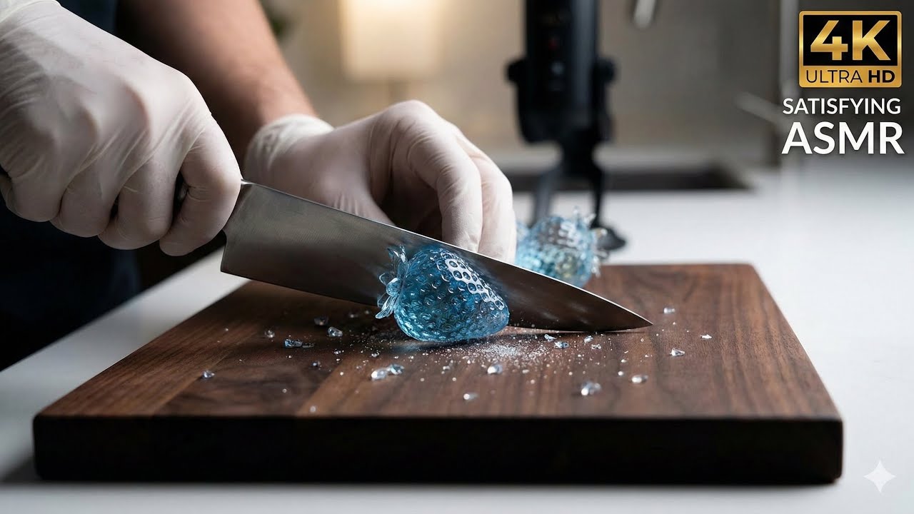 Satisfying ASMR: Knife Cutting Through Blue Glass Strawberry in 4K | Oddly Satisfying Glass Cutting