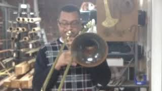 Jason Goudeau tests a B.A.C. Custom Trombone