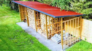 BUILDING FIREWOOD STORAGE IN DETAIL |SIMPLE+QUICK SHED RACK+ROOF |DIY OUTDOOR COVERED WOODSTORE IDEA