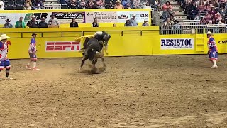 Mesalands Community College bull rider Marco Juarez competes on Sharp Dressed Man at the CNFR on