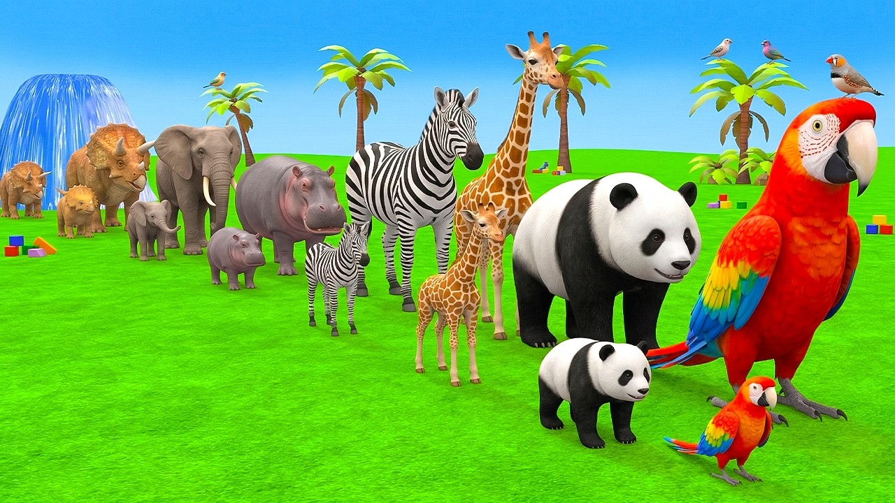 Long Slide Game With Elephant Gorilla Buffalo Hippopotamus Tiger - 3d Animal Game - Funny 3d Animals